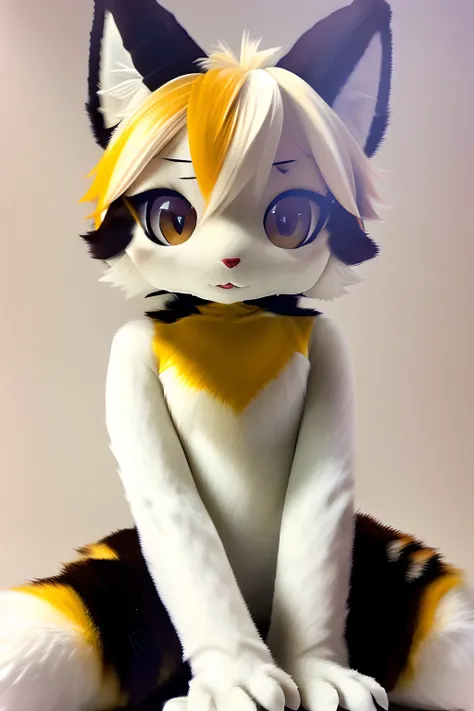 Simple way to draw, head portrait，Upper body, view the viewer, Animal focus, Yellow hair，Furry, White fur suit, 1girll, Cute, kawaii, Lovely, Narrow waist, Animal ears, Cute paws