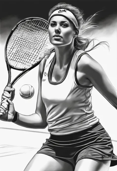 Frank 20-year-old woman playing tennis,
(Hand drawn art) ,monochrome, unpainted, High contrast,  to contrast, Line art, escala cinza, Sketch, Clear line drawing, b&Show on the, Simple flat 2D drawing,
Simple [White|Paper] Background,
(Masterpiece), Best qu...