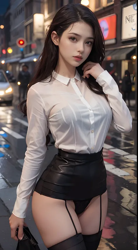 ((Realistic lighting, Best Quality, 8K, Masterpiece: 1.3)), Focus: 1.2, 1girl, Perfect Beauty: 1.4, Slim Abs: 1.1, (Big Breasts), (White Shirt: 1.4), (Outdoor, Night: 1.1), City Street, Super Fine Face, Fine Eyes, Double Eyelids, (Over the Knee Black Stock...