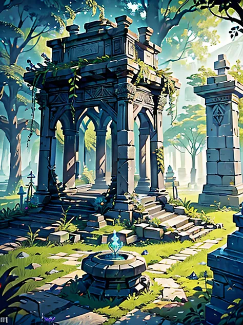 ((Masterpiece)) picture of a fantasy grave guardian ,grave guard((Skeleton )) Sit on the((stone Thorne)) , under the beautiful ( fantasy) nature the throne is , ((detail forest)) ((small detailed)), (Bioluminescence runes skeleton),focus on grave throne st...