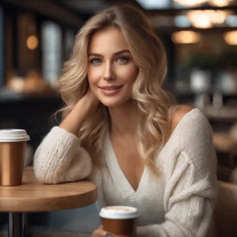 Beautiful blonde woman in white sweater posing in front of the camera all over her body (Sip coffee in a modern café ), Very detailed, 26 ans, visage innocent, cheveux raides naturels, Blonde, yeux bleus, High resolution, Masterpiece, Best quality, Intrica...