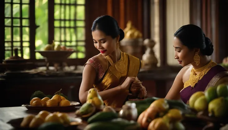 Thai Ladies Dresses. Thai Women. No jewelry. Kitchen in an ancient Thai palace. Carving fruits and vegetables. Thai food. Thai Food. Thai Plate. Traditional Thai Food. Ancient Thai atmosphere. decoration.