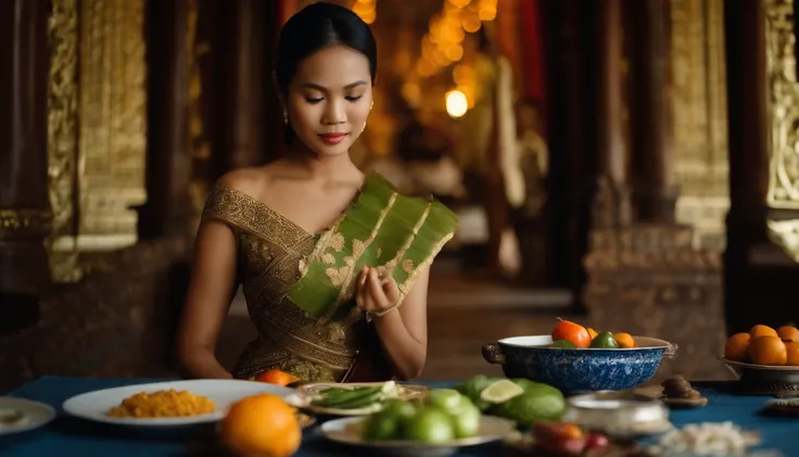 Thai Ladies Dresses. Thai Women. No jewelry. Kitchen in an ancient Thai palace. Carving fruits and vegetables. Thai food. Thai Food. Thai Plate. Traditional Thai Food. Ancient Thai atmosphere. decoration.