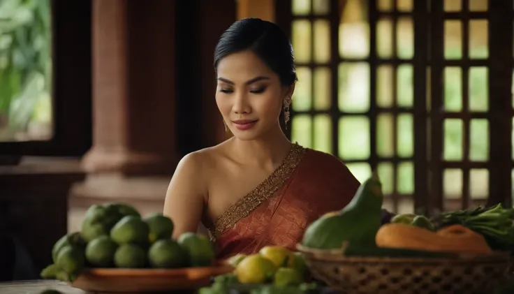 Thai Ladies Dresses. Thai Women. No jewelry. Kitchen in an ancient Thai palace. Carving fruits and vegetables. Thai food. Thai Food. Thai Plate. Traditional Thai Food. Ancient Thai atmosphere. decoration.