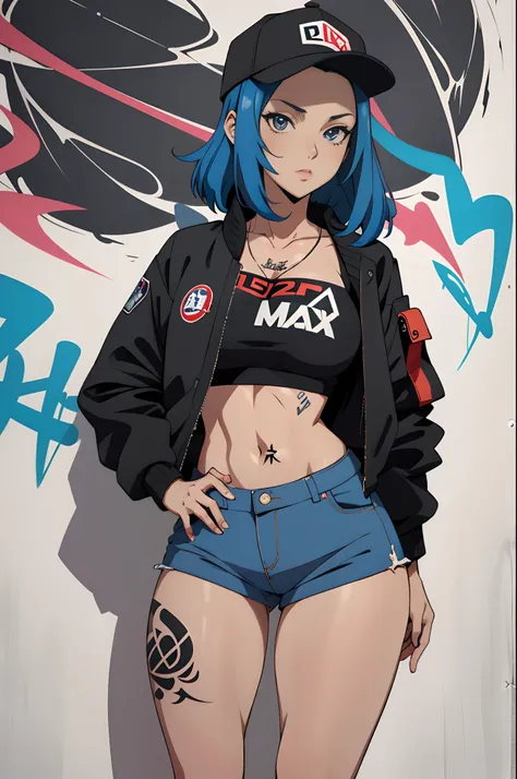 estilo anime, mujer grafitera, grafiti en la pared, usa chaqueta bomber grande, gorra de lado, colores vivos, desnuda, buena figura, buenas curvas, tatuajes maxima calidad, ultra detallado, 8K, cuerpo entero