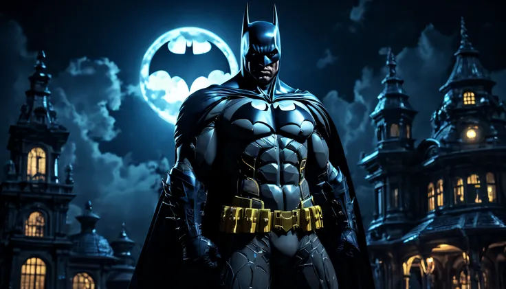 electrifying and enchanting scene, (Batman posing for the camera:1.5) in the moonlit, darkness of a haunted mansion on Halloween night, bioluminescent and luminous silhouettes, Realism, chromatic aberration, god rays, ray tracing, dithering, Realism, best ...