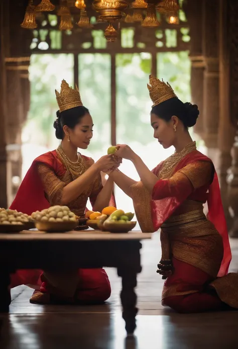 Thai women wearing Thai costumes. Thai Women. No jewelry. Kitchen in an ancient Thai palace. Carving fruits and vegetables. Thai food. Thai Food. Thai Plate. Traditional Thai Food. Ancient Thai atmosphere. decoration.