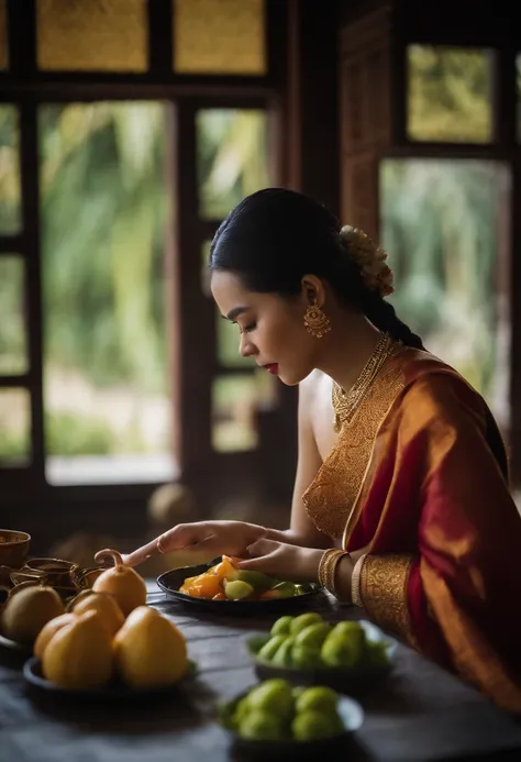 Thai women wearing Thai costumes. Thai Women. No jewelry. Kitchen in an ancient Thai palace. Carving fruits and vegetables. Thai food. Thai Food. Thai Plate. Traditional Thai Food. Ancient Thai atmosphere. decoration.