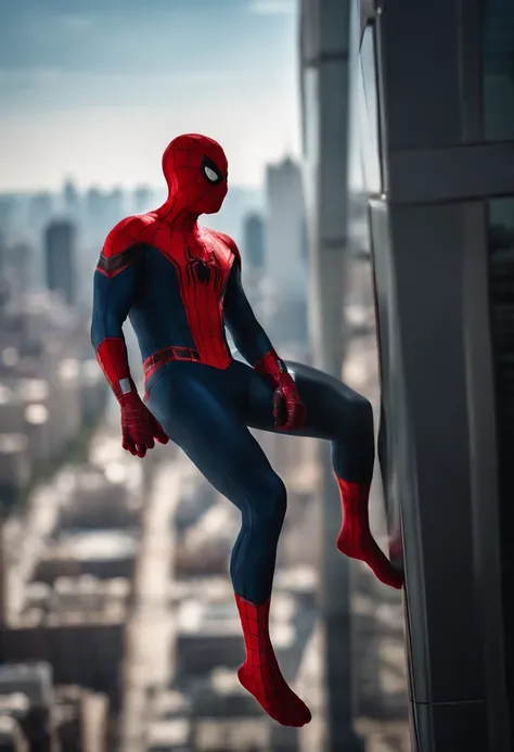 full body shot, male spiderman hanging upside from the top of the skyscraper, city background, portrait photography by artgerm, in the style of realism, cartooncore, mangacore, glistening skin, natural lighting, silver and red 50 --s 2