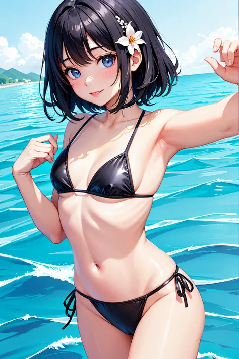 selfie,Beautiful illustration、masterpiece, top-quality , from above, 1 girl,A Cute little girl、mini girl, 4th grade elementary school student、make up, standing, seductive smile, (black hair), hair flower, short hair ,blue eyes、(blue  microbikini), lovely t...