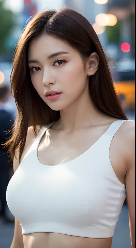 ((Realistic lighting, Best quality, 8K, Masterpiece: 1.3)), Clear focus: 1.2, 1girl, Perfect Figure: 1.4, Slim Abs: 1.1, ((Dark brown hair)), (White crop top: 1.4), (Outdoor, Night: 1.1), City streets, Super fine face, Fine eyes, Double eyelids,