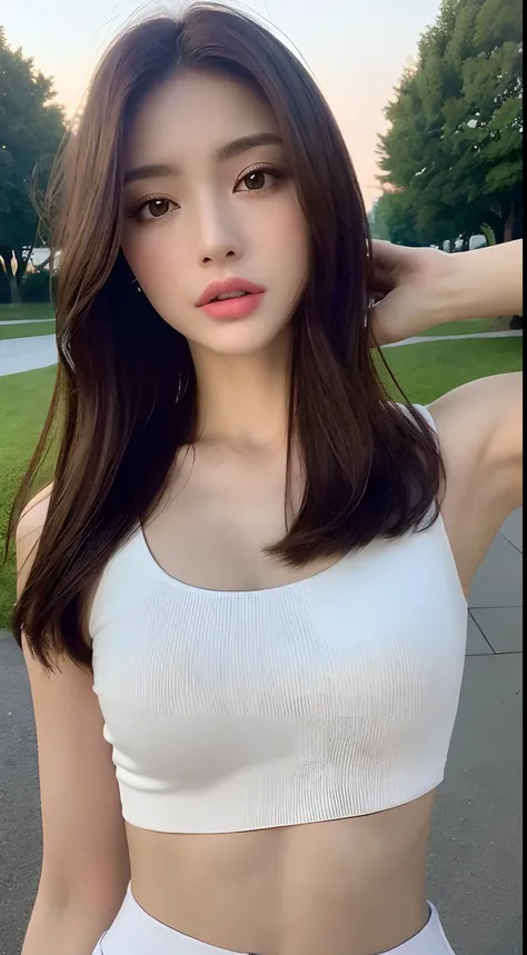 ((Realistic lighting, Best quality, 8K, Masterpiece: 1.3)), Clear focus: 1.2, 1girl, Perfect beauty: 1.4, Slim abs: 1.1, ((Dark brown hair)), (White crop top: 1.4), (Outdoor, Night: 1.1), Park view, Super fine face, Fine eyes, Double eyelids,