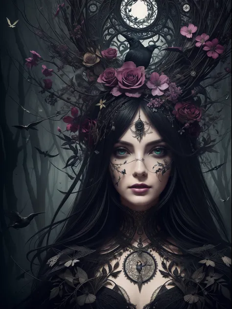 Surreal witchcraft: Abstract character portrait of a beautiful and charming witch of the master, Her face is surrounded by intricate dark flowers, Birds and other surreal elements, Russ Mills