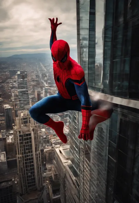 full body shot, male spiderman hanging upside from the top of the skyscraper, city background, portrait photography by artgerm, in the style of realism, cartooncore, mangacore, glistening skin, natural lighting, silver and red 50 --s 2