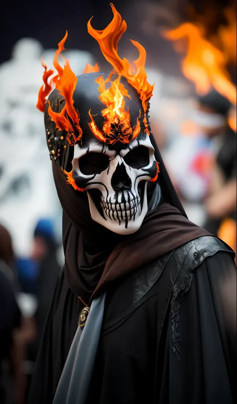 a close up cosplay of a person wearing a skull mask with flames on it, ghost rider, closeup photo at nyc comicon, flaming skull, sideshow collectibles, skull mask, cosplayer, flaming grim reaper, skull helmet, realistic cosplay, hot topic anime convention,...