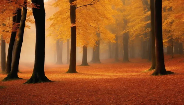 Serene autumn landscape with a forest of maple trees with leaves in bright orange shades, rot, and yellow. medium: a  photo of a. style of: inspired by the works of Ansel Adams, Capture the majesty of nature. illumination: soft, Golden Hour Sunlight, seepi...