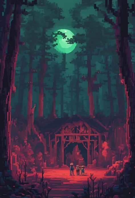 horror forest. night time. 3D пиксельная графика 4K обои. Incredible pixel art. Pixel Art. Monsters. Detailed pixel graphics of an unreal engine