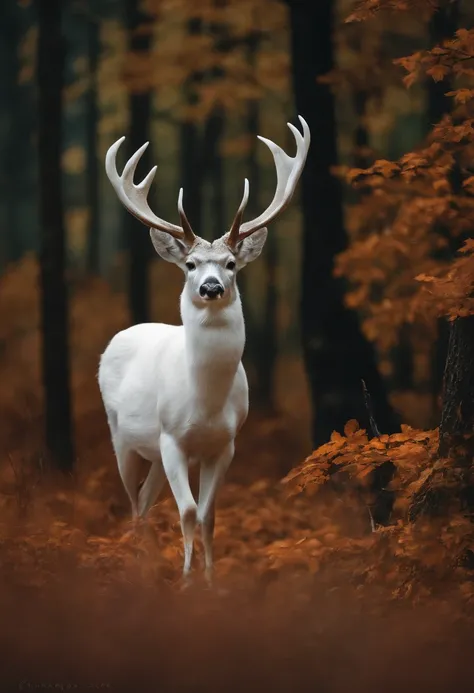 "Albino deer in the mysterious forest."