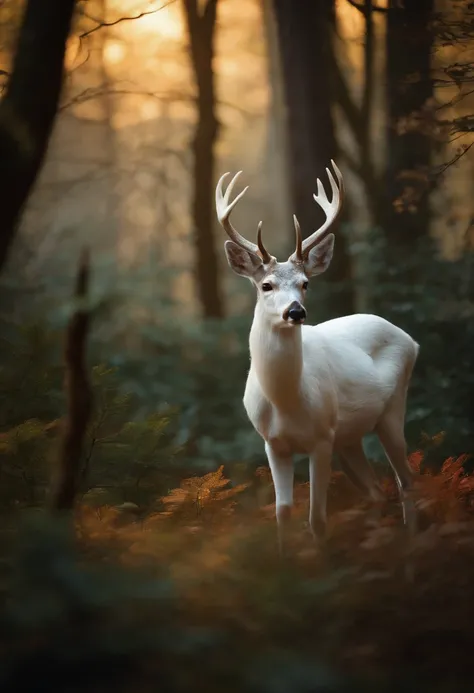 "Albino deer in the mysterious forest."