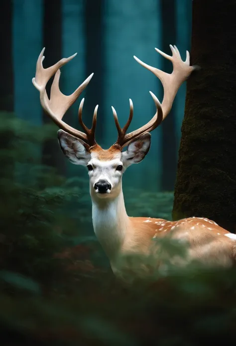 "Albino deer in the mysterious forest."