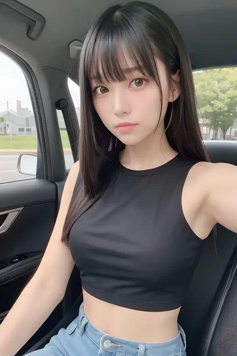 masterpiece, best quality,1girl, solo, black hair, realistic, long hair, black eyes, crop top shirt, bangs, in a car, selfie, soft smile, closed mouth, upper body, hime cut