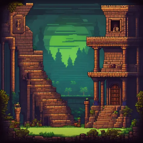 2D pixelated side-scrolling game with platformer tiles and ancient ruins, Multi-tile sprite table,dark light, darkest dungeon and ancient ruins style themed, pixel art style