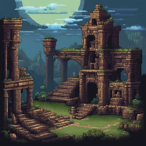 2D pixelated side-scrolling game with platformer tiles and ancient ruins, Multi-tile sprite table,dark light, darkest dungeon and ancient ruins style themed, pixel art style