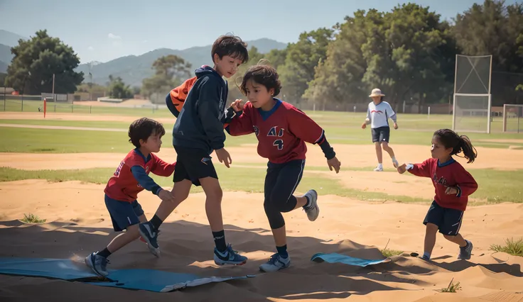 Create an image with a 12-year-old playing outdoor sports, acompanhado de um adulto de 50 anos, At the end there are more children of the same age, The image is of realistic high quality, 8k,