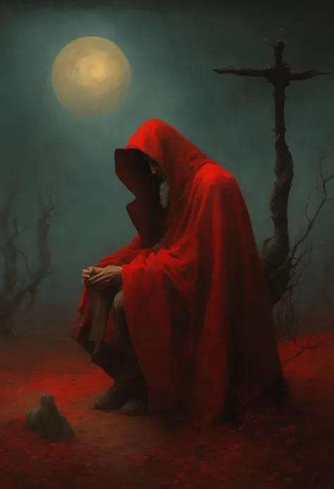 Creatures of Mythology, Par Zdzislaw Beksinski et Van Gogh, surrealism, futuriste ,Satan, corail, sorcier, abstrait, Sombre, rouge, Enfer, paysage, Mix these three images together: Homeless man on his knees, Bright anime boy with a cross in the distance, h...