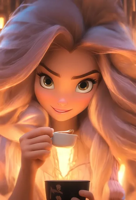 Anime Rapunzel Girl Holding Coffee，Estilo Traincore，Retrato do realismo，Prata escuro e estilo preto claro，Estilo Traincore，retratos realistas，Cinzas，Cena realista da cidade，Cena realista，preto e cinza，UHD 32k，meticuloso，desenho realista，ondulado，reluzente，...