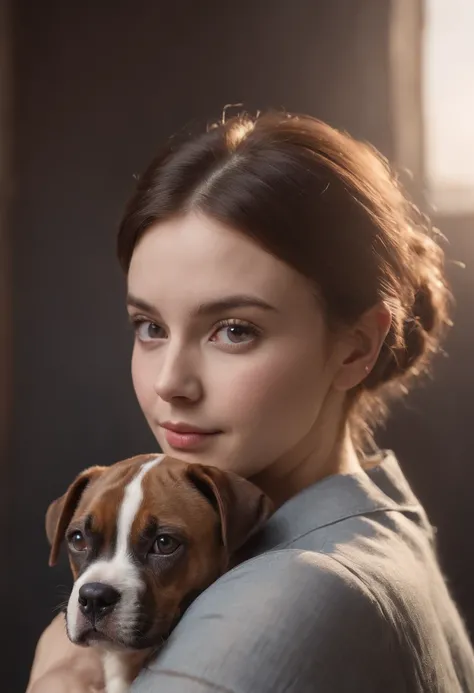 beautiful young woman with boxer grey dog, fine art, black background, Rembrandt light, --ar 2:3, (masterpiece:1.4), (best quality:1.4), RAW photo, (photorealistic: 1.5), (short hair), light brown hair, (RAW photo, 8k UHD), beautiful detailed eyes, extreme...