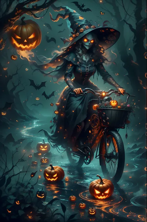 HalloweenGlowStyle,(Best quality,4K,8K,A high resolution,Masterpiece:1.2),Ultra-detailed,(Realistic,Photorealistic,photo-realistic:1.37),Dark background,Dark atmosphere,Dark theme,Creepy,unnerving, (Pumpkin Witch riding a bike: 1.5),mysterious,Subtle curls...