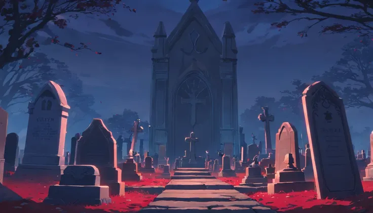 Cemetery with a vampire in the middle with dark dark red eyes menacing tombstone