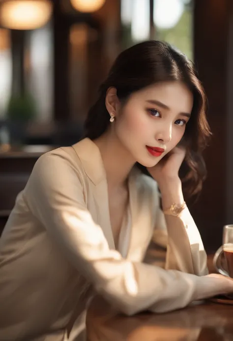 Sitting at a table in a café、sunlight streaming through window、A Japanese Lady,, Dynamic Pose, Skin Texture,, Shiny skin, (slim, Petite:1.2), [:(sharp focus on face, Detailed face, Perfect eyes, view the viewer:1.2):0.2], Photorealistic, film grains, Best ...