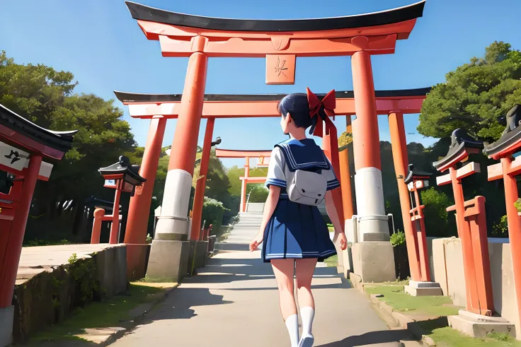 Back view of a girl in a sailor suit in front of the torii gate of a fantastic shrine cool