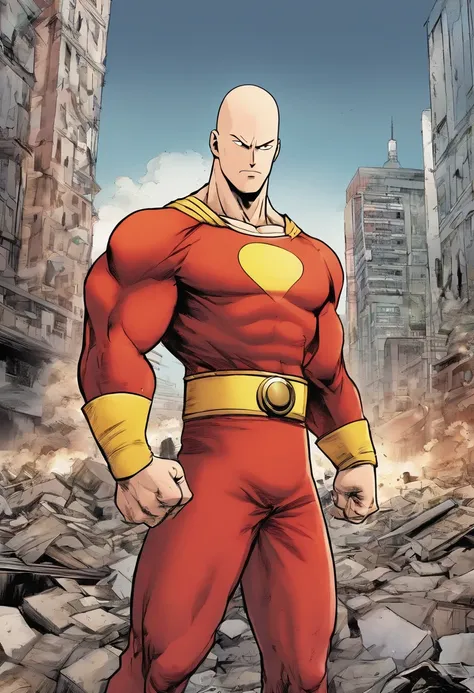 Saitama, the worlds strongest hero, looks unimpressed as he stands in the middle of a city that has been completely destroyed