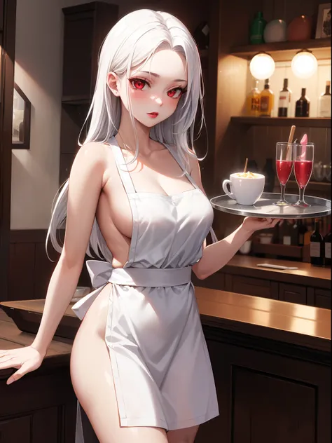 highres, masterpiece, perfect ligthing, bloom, cinematic lighting, adult, perfect skin, female,1girl,solo,red eyes,white hair,long hair,forehead,lipstick,pale skin,naked apron,bar,holding tray,standing