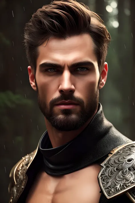 ultra detailed 8k cg, perfect face, insanely handsome face, mature male, armor, revealing clothes, spotlight, looking at viewer, hyperrealistic, masculine power, sassy look, elegant, forest background, rain, foggy, short messy hair