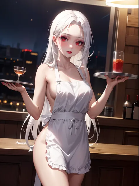 highres, masterpiece, perfect ligthing, bloom, cinematic lighting, adult, perfect skin, female,1girl,solo,red eyes,white hair,long hair,forehead,lipstick,makeup,pale skin,naked apron,bar,holding tray,standing,night