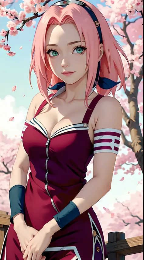 tmasterpiece， Best quality at best， 1girll， Sakura Haruno， Large breasts，Off-the-shoulder attire，（cleavage)，（upperbody closeup)，Raised sexy，is shy，ssmile，with pink hair， long whitr hair， （Green eyeballs:1.4)， Forehead protection， the cherry trees，Cherry bl...