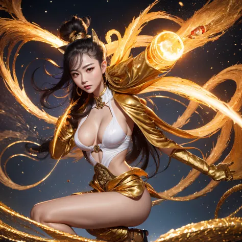 cinematic cgsociety，Flying Nine-Tailed Light Blue Sky Division Flame Long-haired Fox Star，een Erotica，Torch night black golden orange brocade silk snake print silk pants，Rouge diamond tulle sheer lizard-patterned leggings，Fat woman space fly in the snow，Fr...