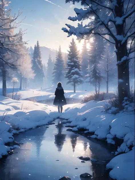 generate an illustration of a scene set in the winter season in the magical realism genre, its a sunny day and profoundly melancholic in its beauty, there is 1lone girl in the illustration who looks into the landscape in silent contemplative sadness, a emp...