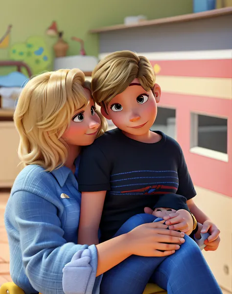 Disney Pixar Movie Style Poster with Title Bruna Costa Blonde mother with her son on her lap