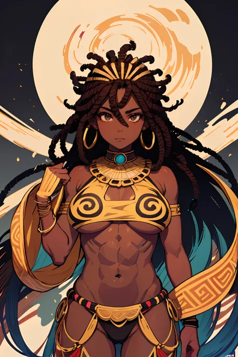 Ultra Detailed, big breast, 1girl, Official Art, Unity 8k Wallpaper, fanart, commissioned art, professional artist, digital art, alluring, ((flat color)), ((celshade)), african tribal girl, tribal people, dark skin, african race, african tribe, african cul...