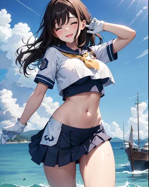 1young_Teen_girl with、Lori、brown_hair、Medium_bobhair_hair、Blue_Midriff_bearing_sailor_uniform、Mini_Skirt、Short_Sleeve、thighs thighs thighs thighs、Big_Tits,Closed_Eyes, a smile、Open_Mouth、is standing,harbour_Background、slightly_Spread_Legs、happiness、NSFW、Sh...