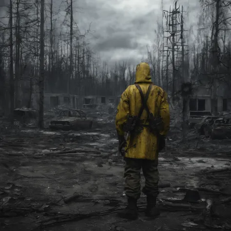 tchernobyl, photoreallistic, post apocalypse, homme en tenue NBC (jaune), dreadlocks, Pripyat, URSS, Contaminated area, highly detailed, 4K, paysage,