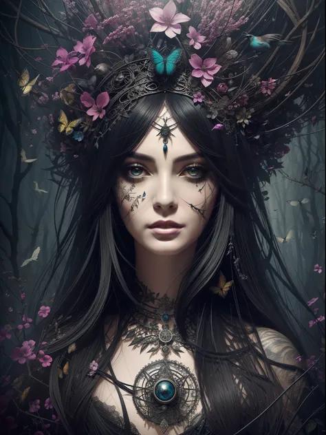 Surreal witchcraft: Abstract character portrait of a beautiful and charming witch of the master, Her face is surrounded by intricate dark flowers, Birds and other surreal elements, Russ Mills、A little more detail、colorful、