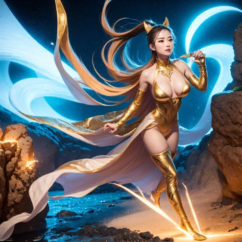 cinematic cgsociety，Flying Nine-Tailed Light Blue Sky Division Flame Long-haired Fox Star，een Erotica，Torch night black golden orange brocade silk snake print silk pants，Rouge diamond tulle sheer lizard-patterned leggings，Fat woman space fly in the snow，Fr...