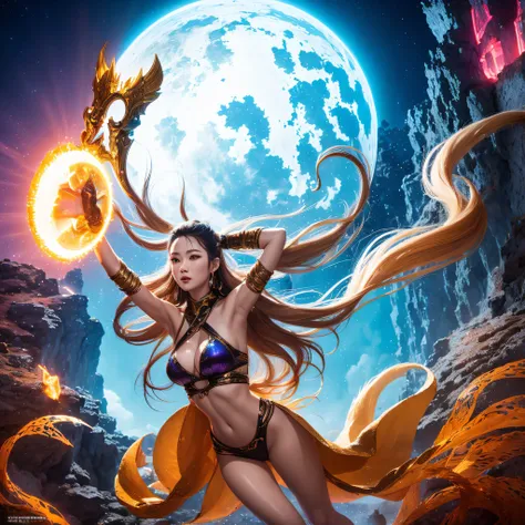 cinematic cgsociety，Flying Nine-Tailed Light Blue Sky Division Flame Long-haired Fox Star，een Erotica，Torch night black golden orange brocade silk snake print silk pants，Rouge diamond tulle sheer lizard-patterned leggings，Fat woman space fly in the snow，Fr...