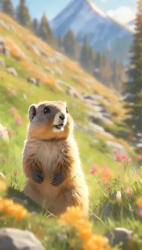 Many mountain marmots,highres,ultra-detailed,realistic,photorealistic:1.37,beautiful fur,curious eyes,playful poses,natural surroundings,scenic landscape,blurred background,vivid colors,soft daylight,green meadows,bushy tails,cute expressions,fuzzy ears,li...